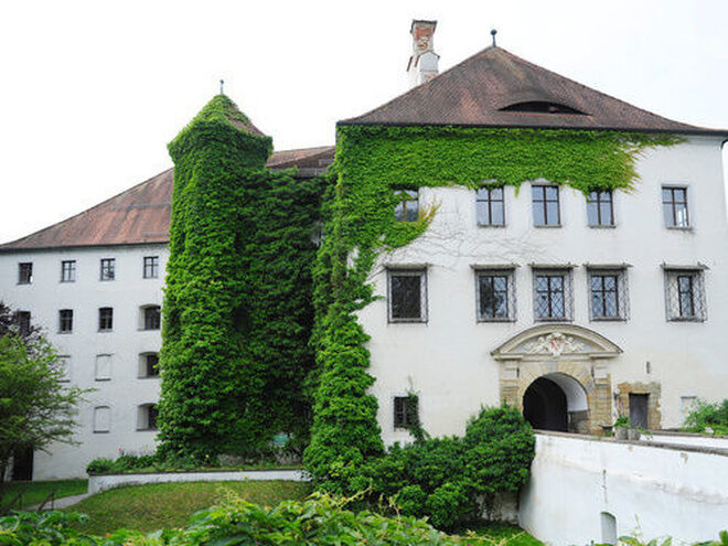 A historical building with ivy-covered walls and a tiled roof, featuring arched windows and an ornate entrance. Situated in a lush, green environment.